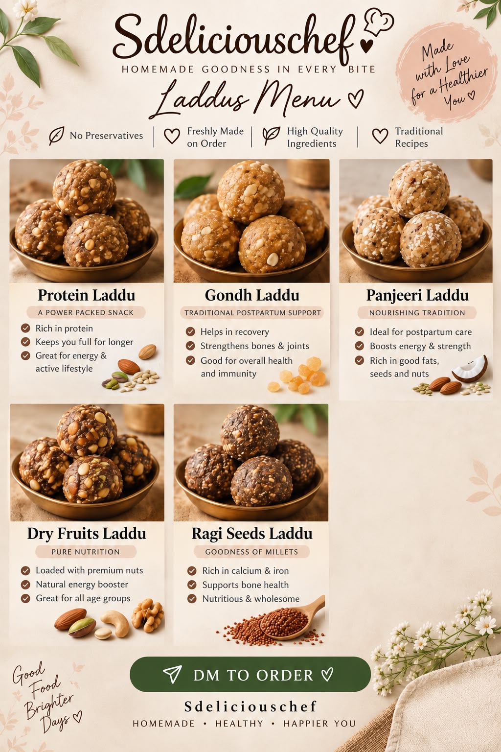 Laddus menu: Protein Laddu, Gondh Laddu, Panjeeri Laddu, Dry Fruits Laddu, and Ragi Seeds Laddu.